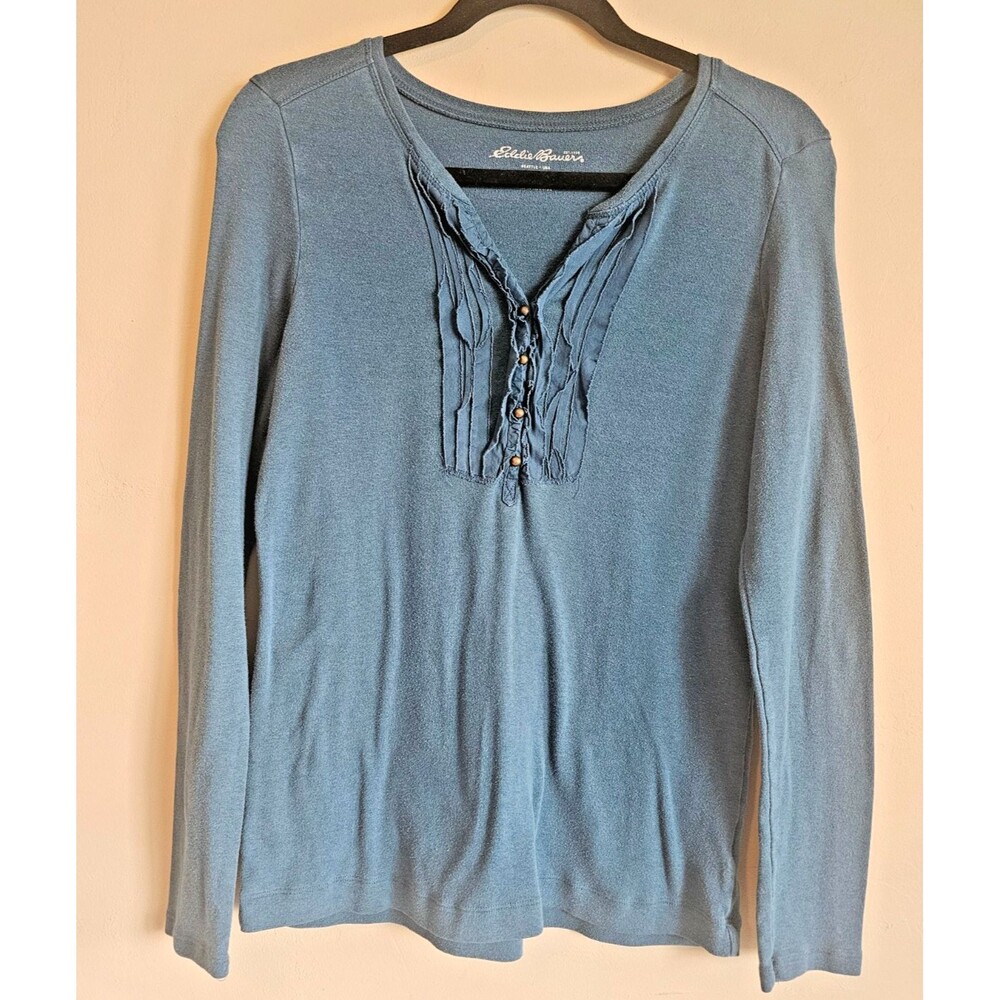 Eddie Bauer Split Neck Ruffle Top Women's Size Medium Teal Stretch Knit Outdoor